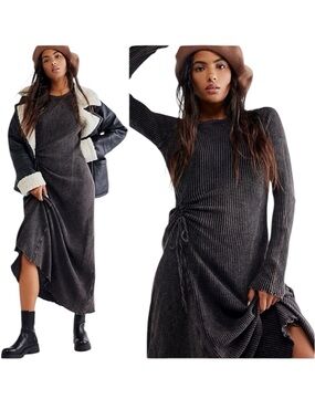 FREE PEOPLE ONE Natasha Waffle Thermal Ruched Long Sleeve Knit Maxi Dress Witchy